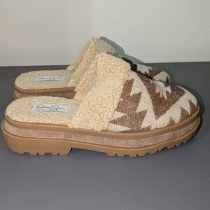 Jessica Simpson Aztec Wool Bomber Shoes Clogs Cozy Shearling Slip-On Mules